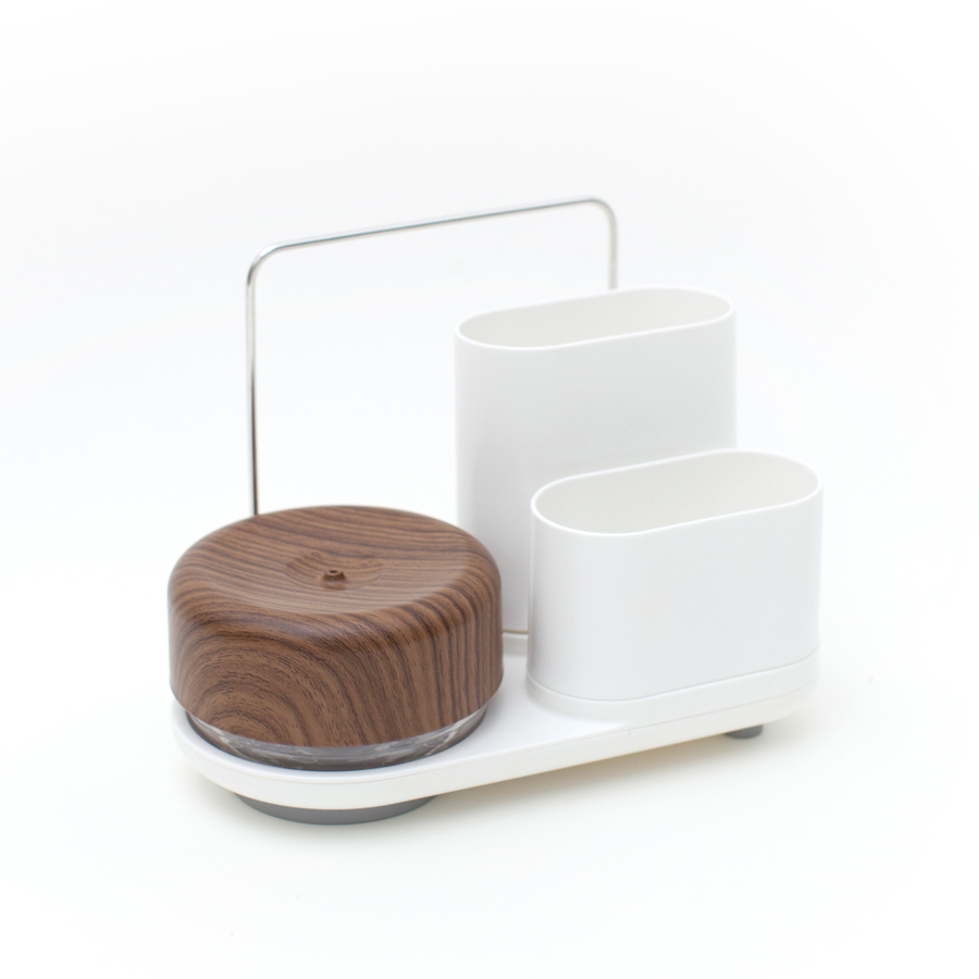 Diskmedelspump & Förvaringsställ Do-Dish™ Caddy PLUS  - Vit. Mörk Trädekor. 21,5x12,5x16 cm. PET/Plast/Rostfrit Stål/Silikon - 4