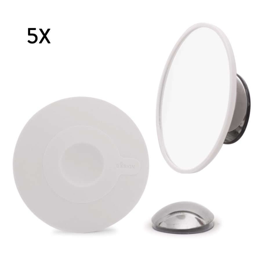 Löstagbar Make-up spegel X5. AirMirror™. Magnetfäste. Dolt sugproppsfäste. Vit ø 11,2 cm, 1,4 cm djup. Glas. Silikon