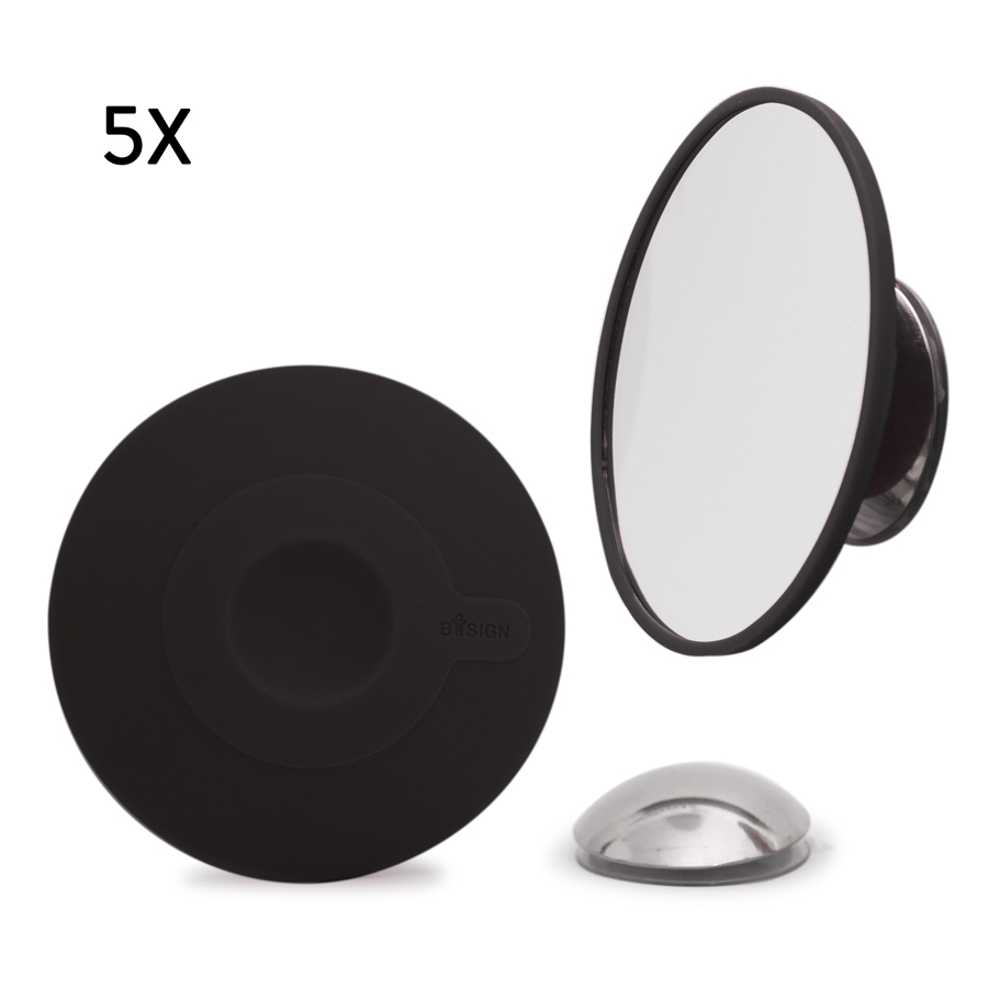Löstagbar Make-up spegel X5. AirMirror™. Magnetfäste. Dolt sugproppsfäste. Svart ø 11,2 cm, 1,4 cm djup. Glas. Silikon