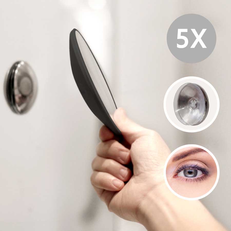 Löstagbar Make-up spegel X5. AirMirror™ (Ø 11,2 cm).
Svart. Magnetfäste. Dolt sugproppsfäste