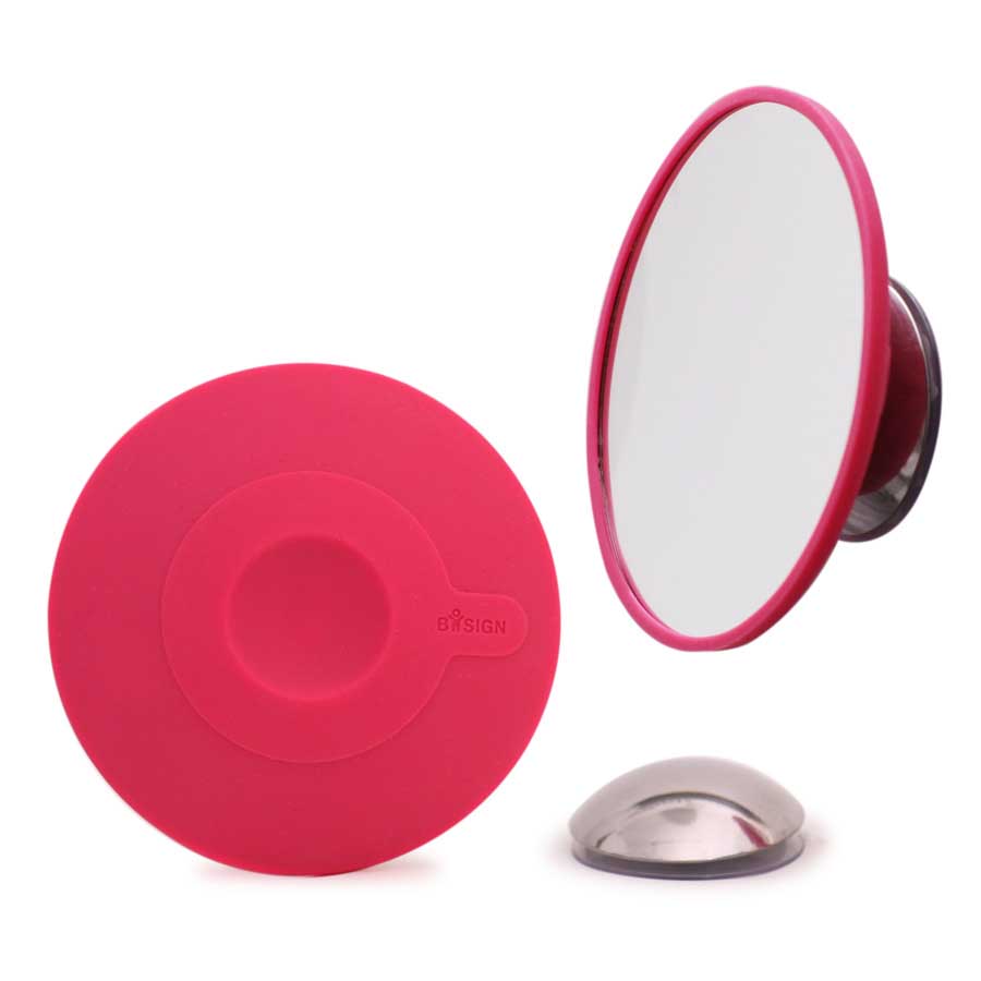 Löstagbar Make-up spegel X5. AirMirror™. Magnetfäste. Dolt sugproppsfäste. Cerise ø 11,2 cm, 1,4 cm djup. Glas. Silikon