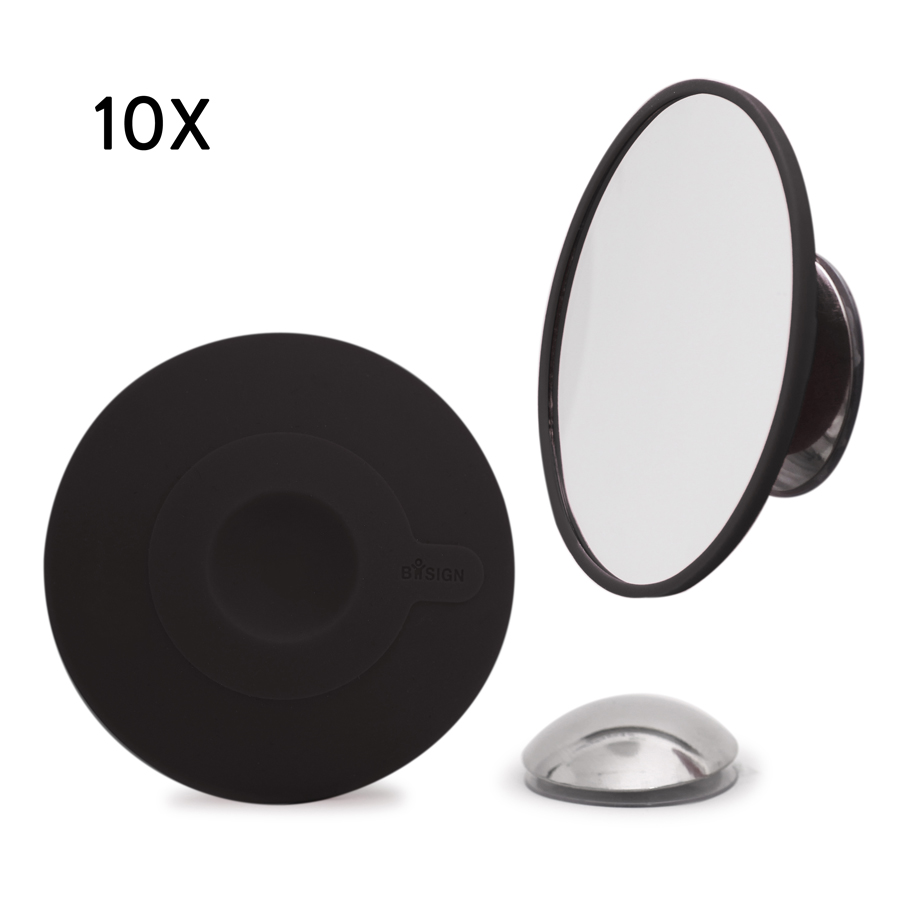 Löstagbar Make-up spegel X10. AirMirror™. Magnetfäste. Dolt sugproppsfäste. Svart ø 11,2 cm, 1,4 cm djup. Glas. Silikon