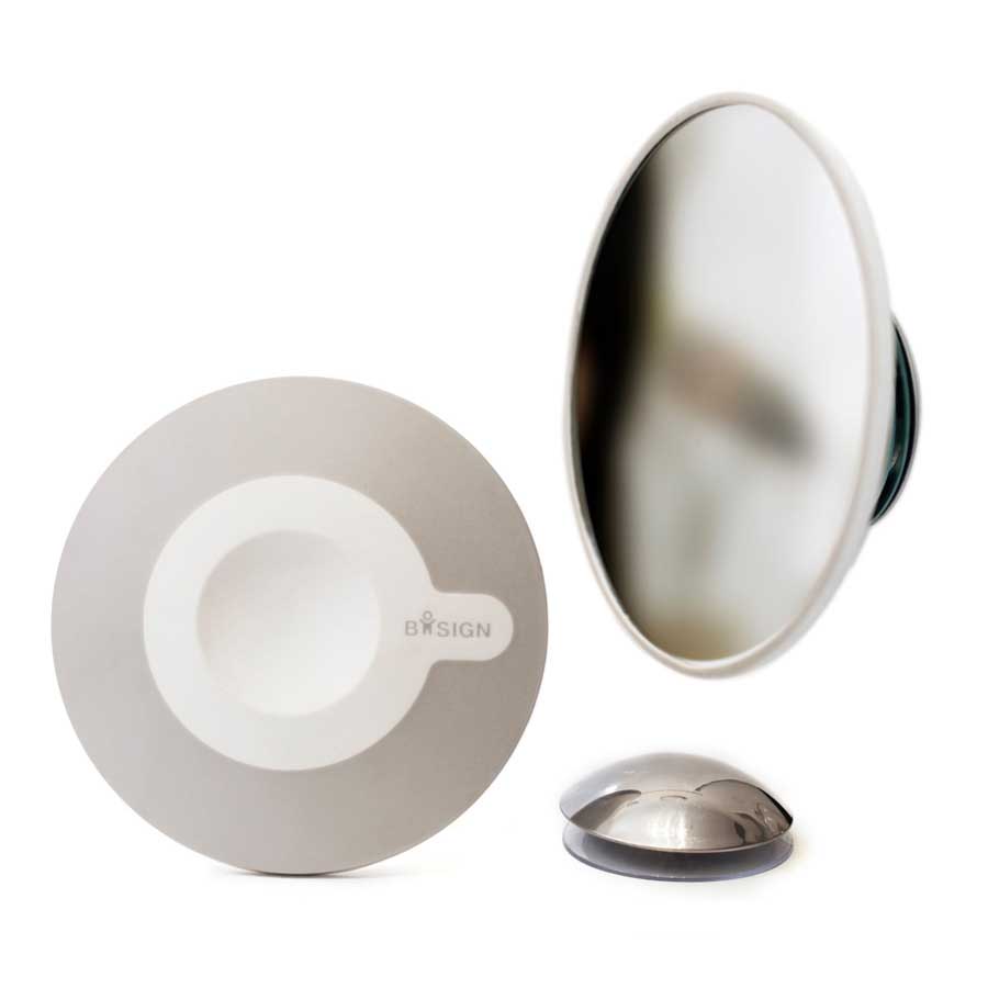 Löstagbar Make-up spegel. Sugpropp och Magnetfäste- Grå/Vit. ø 11,2 cm, 1,4 cm djup. Glas. Plast