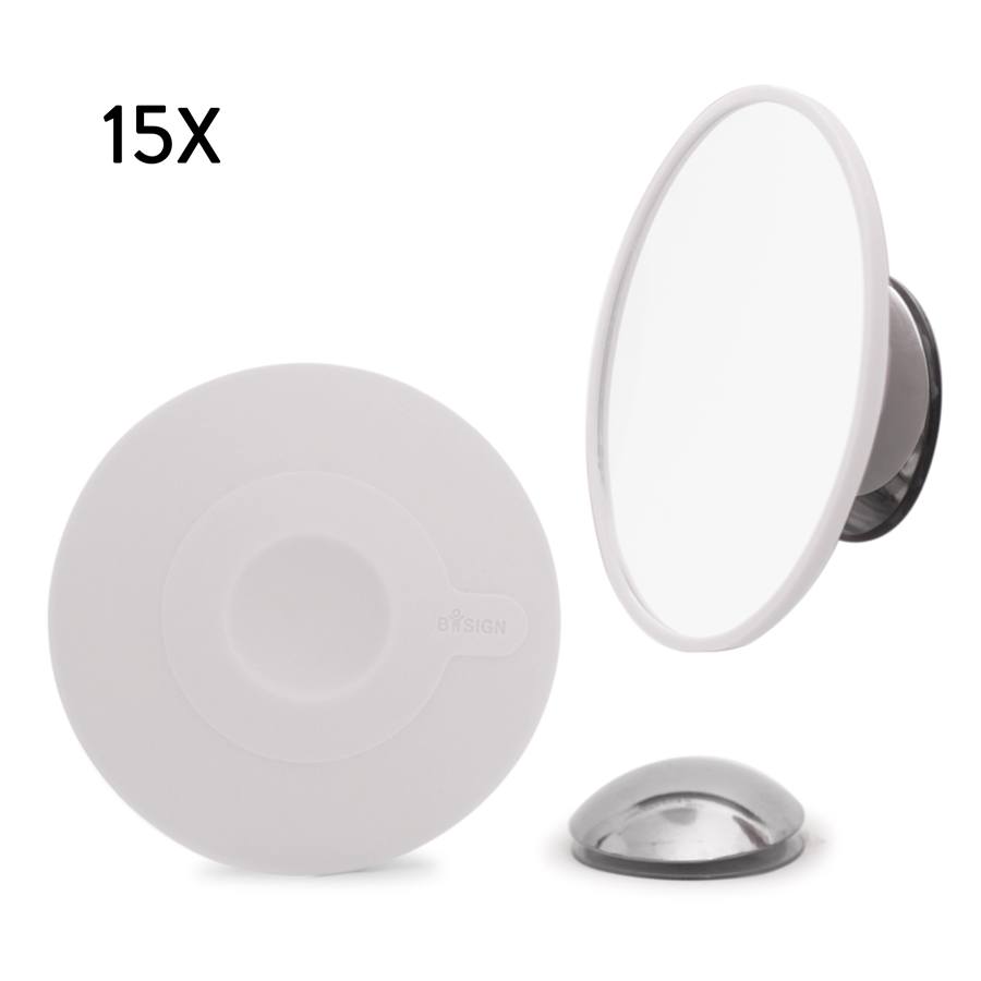 Löstagbar Make-up spegel X15. AirMirror™. Magnetfäste. Dolt sugproppsfäste. Vit ø 11,2 cm, 1,4 cm djup. Glas. Silikon
