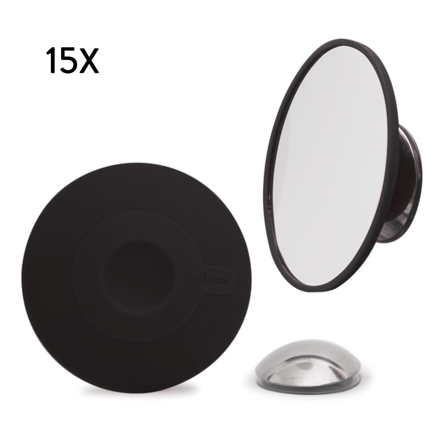 Löstagbar Make-up spegel X15. AirMirror™ - Svart. Magnetfäste. Dolt sugproppsfäste. ø 11,2 cm, 1,4 cm djup. Glas. Silikon