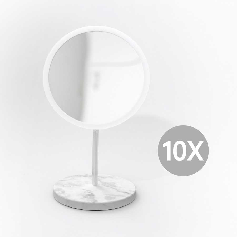 Löstagbar Make-up spegel X10. AirMirror™ Table Stand. Bordsmodell - Marmor. Vit, grå. ø 16,5 cm, 3 cm djup. Glas. Silikon